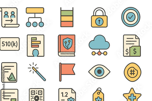 Various simplified digital icons representing technology, security, and business concepts in a colorful design