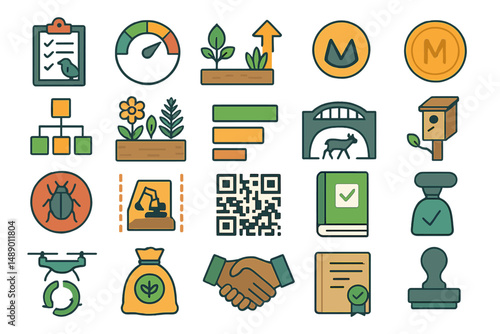 Icons illustrating sustainable practices in agriculture and environmental management showcasing various activities and tools