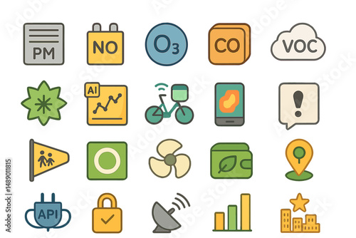 Visual representation of environmental indicators with icons for air quality and sustainability concepts