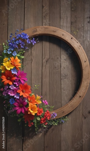 Spinning flower wheel on rustic wood Rainbow of blooms create joyful circle , summer decoration, floral, circle