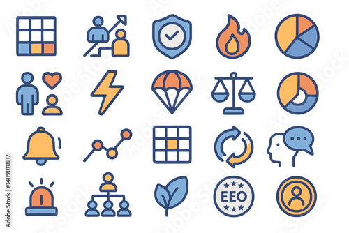 Various icons representing teamwork, growth, and sustainability in a modern design