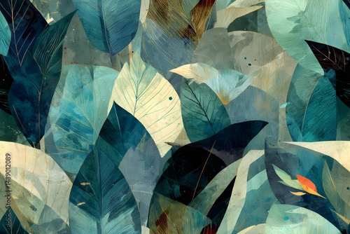 Abstract Leaves: A tranquil and artistic composition of leaves, a symphony of shades and textures in a cool and elegant color palette, inviting a sense of calm and serenity.