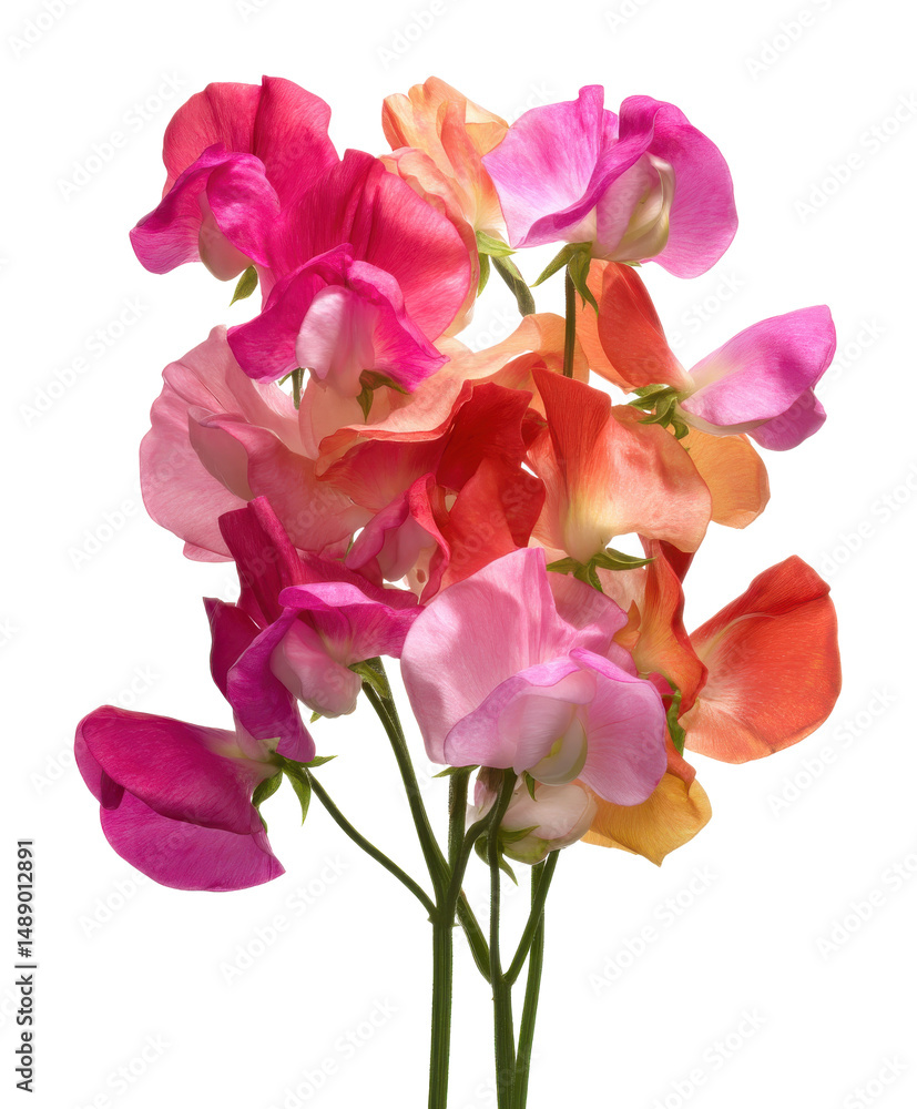 Fototapeta premium Vibrant Mix of Sweet Pea Flowers A Stunning Bouquet of Pink, Orange, and Red Blossoms