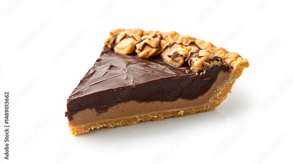 Decadent slice of layered chocolate peanut butter pie with peanut garnish Decadent slice of layered chocolate peanut butter pie with peanut garnish