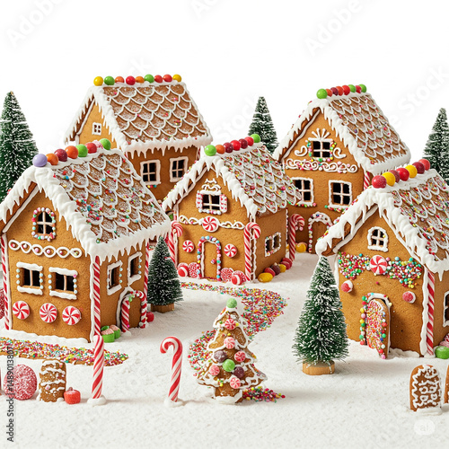 Charming gingerbread village winter holiday scene in the whimsical style of Salongok, featuring decorated houses with icing and candy, isolated on a clean white background.

