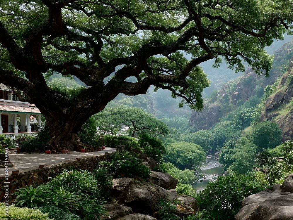 Fototapeta premium Ancient Tree and Scenic Landscape: A majestic, sprawling tree, its branches reaching across the frame, dominates a verdant landscape featuring a winding river and lush mountains.