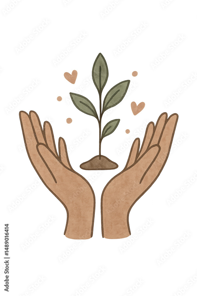 Obraz premium Watercolor illustration of two hands holding a growing plant surrounded by hearts, symbolizing care, mental health growth, emotional support, and personal development