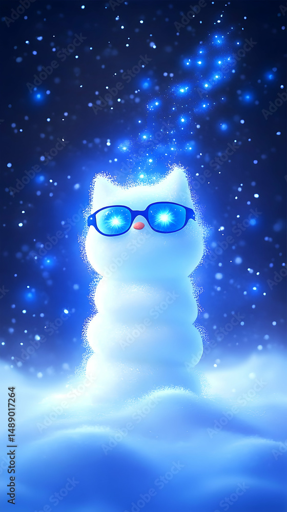 Fototapeta premium A fluffy white cat, snowman-like, wears glowing blue sunglasses amidst a snowy, starlit night