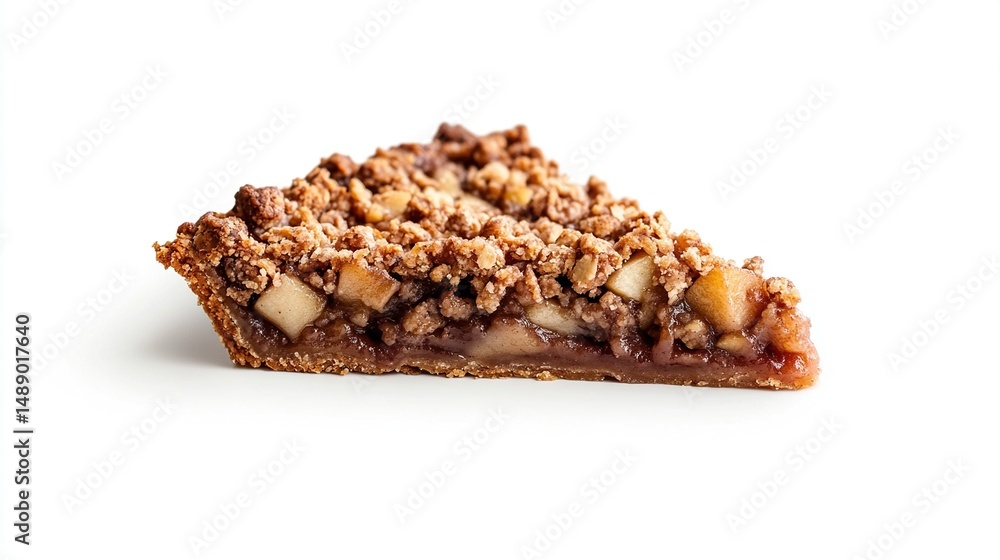 Crumble topped apple pie slice, detailed texture, warm tones, isolated studio shot Crumble topped apple pie slice, detailed texture, warm tones, isolated studio shot
