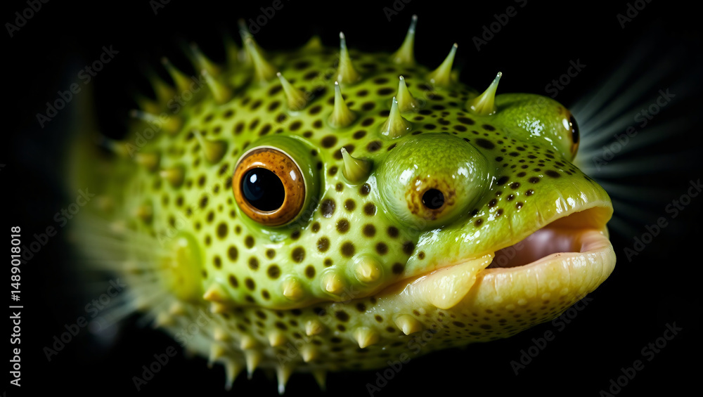 Close up shot of a green pufferfish with spikes and black spots against a dark background in studio created with generated ai Close up shot of a green pufferfish with spikes and black spots against a dark background in studio created with generated ai