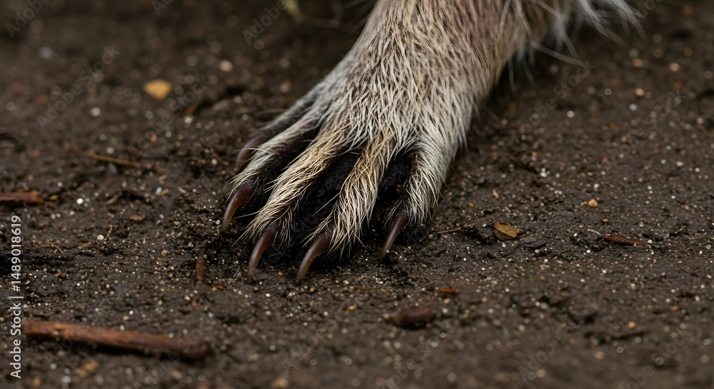 Obraz premium Raccoon Paw Macro on Wet Ground with Fur Texture and Natural Track Impression