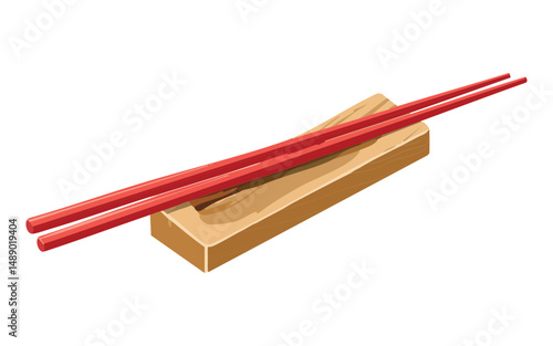 Red Chopsticks on Wooden Chopsticks Rest - Vector Illustration