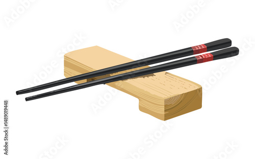 Black Chopsticks Set on Wooden Block - Vector Illustration