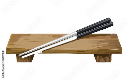 Vector Illustration of Metal Tip Chopsticks on Wooden Rest