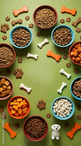 Variety of nutritious dry dog food in bowls arranged in a circular pattern with bone-shaped treats and a ceramic dog figure on green and orange background for pet care concept

