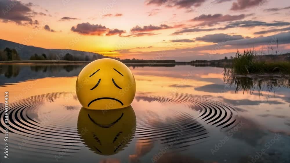 Sad emoticon floating alone in calm lake under sunset sky