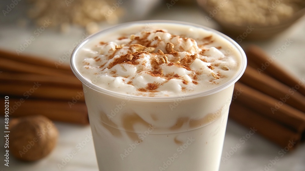 Creamy horchata beverage in a plastic cup with cinnamon spice topping Creamy horchata beverage in a plastic cup with cinnamon spice topping