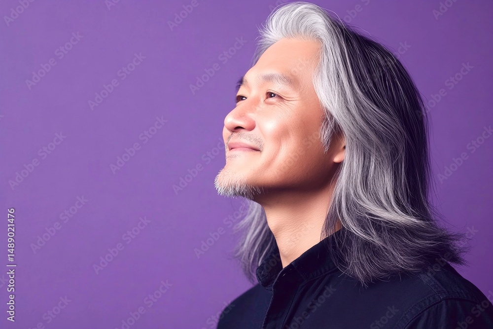 Fototapeta premium Purple solid background. Creative visual design of style for aging men. Elegant men's layered cut haircut - midlife asian man with long hair. A midlife man with charm and elegance.