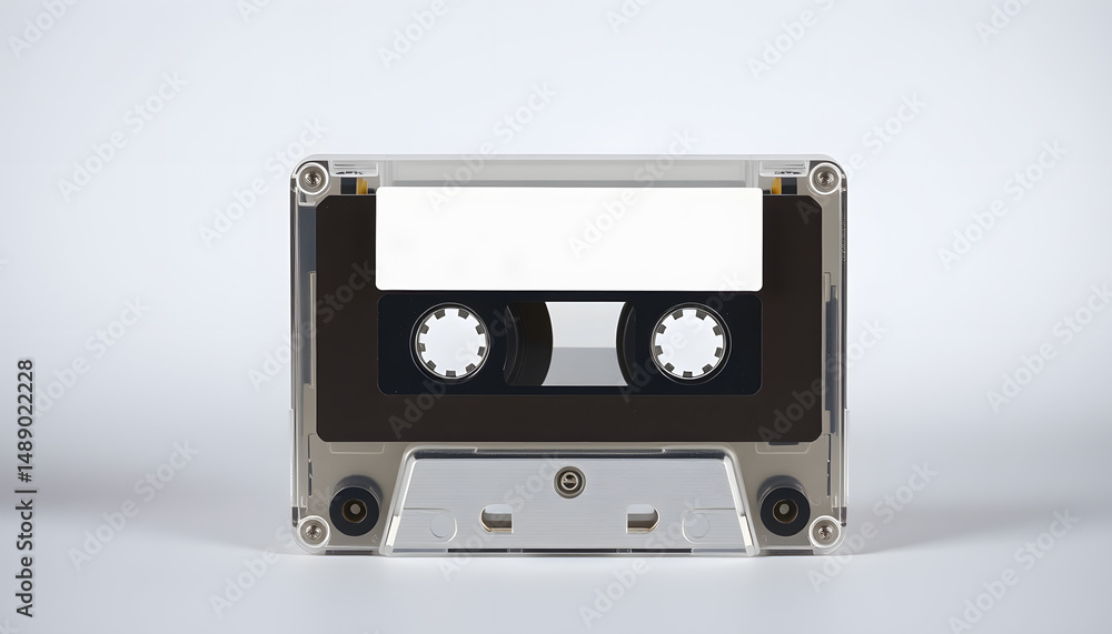 Obraz premium Blank white label and case of Cassette Tape on isolated background, Diffused lighting. White tone