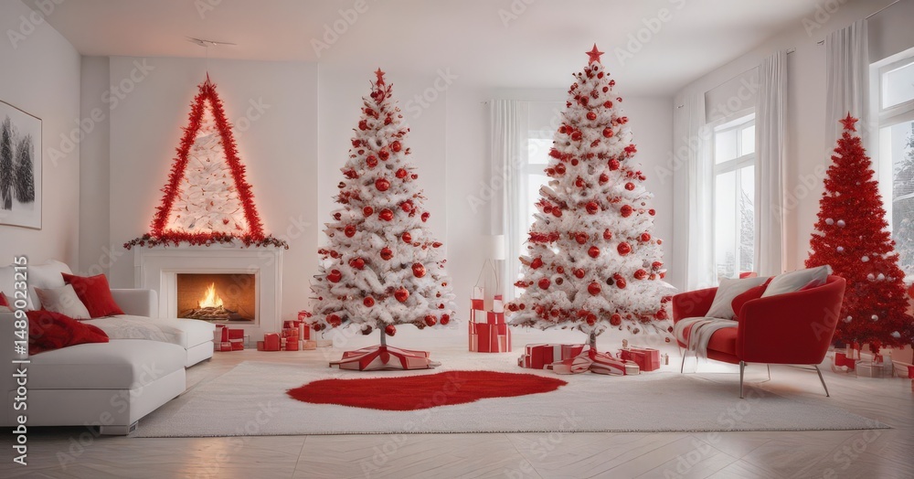 Sleek white living room with a stylish red & white Christmas tree , scandi, red christmas Sleek white living room with a stylish red & white Christmas tree , scandi, red christmas