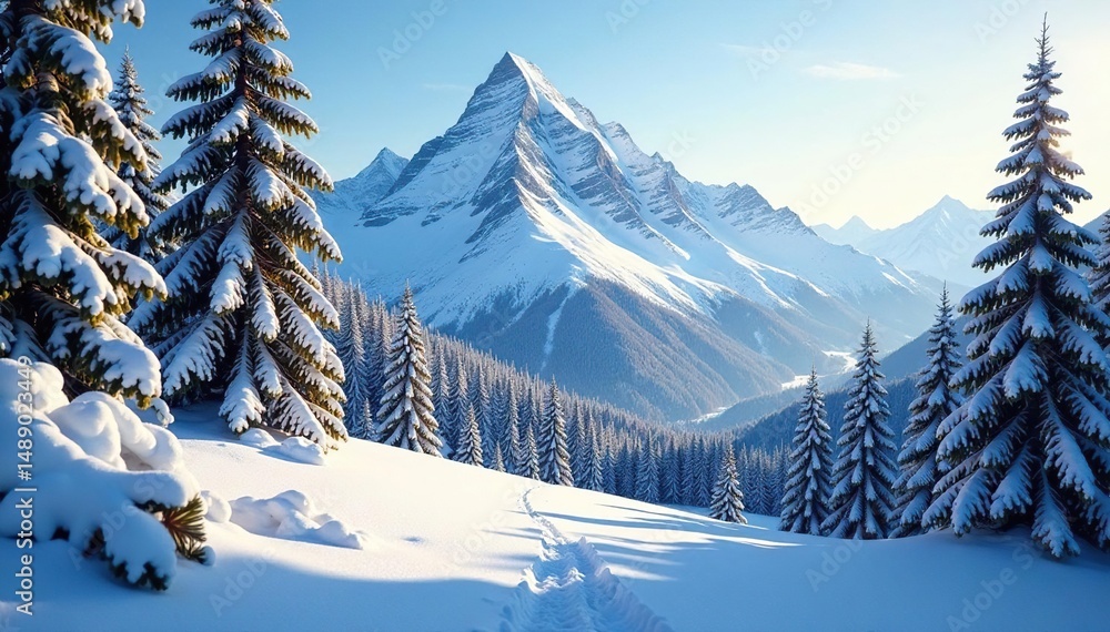 Fototapeta premium Snow-dusted pine forest, mountain peak, deep shadows, evergreen, winter