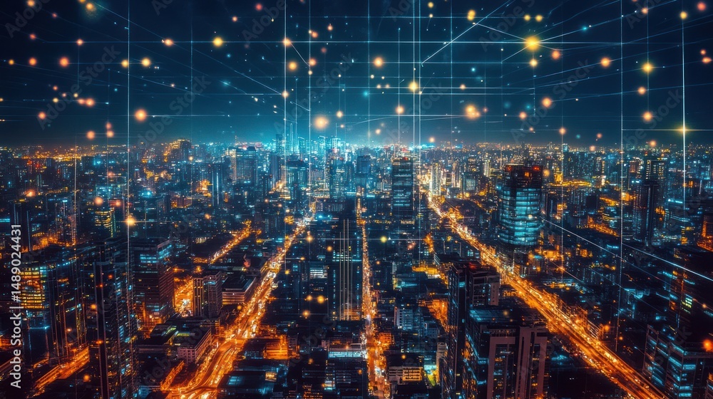 Futuristic cityscape with interconnected digital network at night and glowing lights Futuristic cityscape with interconnected digital network at night and glowing lights