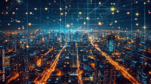 Wallpaper Mural Futuristic cityscape with interconnected digital network at night and glowing lights Torontodigital.ca