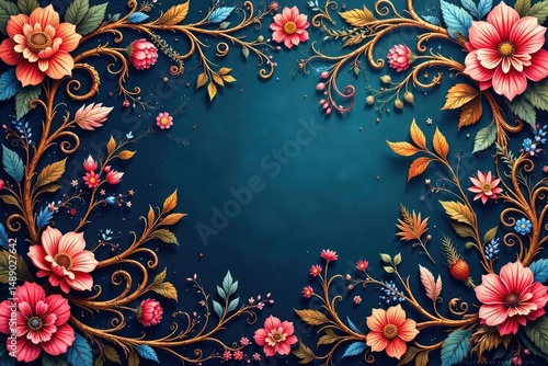 Intricate paisley floral pattern, swirling vines & blossoms , green, beauty, yellow