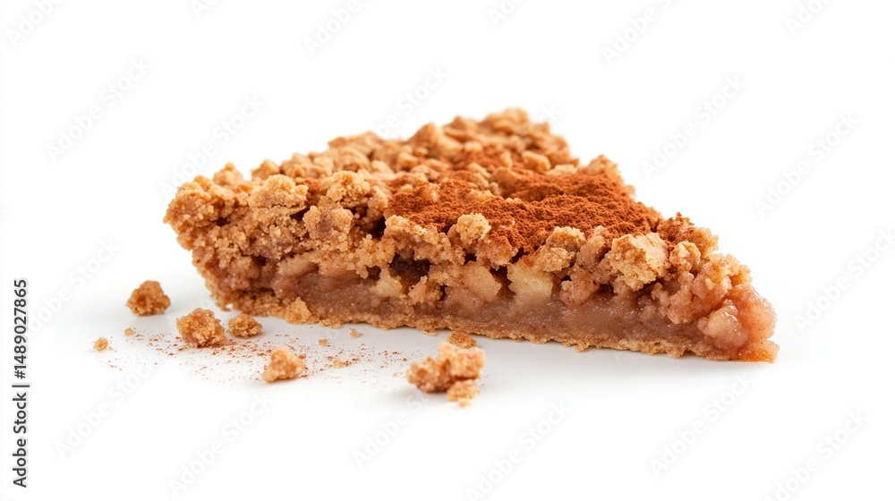 Slice of apple crumble pie, spiced dusting, and buttery crust on white Slice of apple crumble pie, spiced dusting, and buttery crust on white