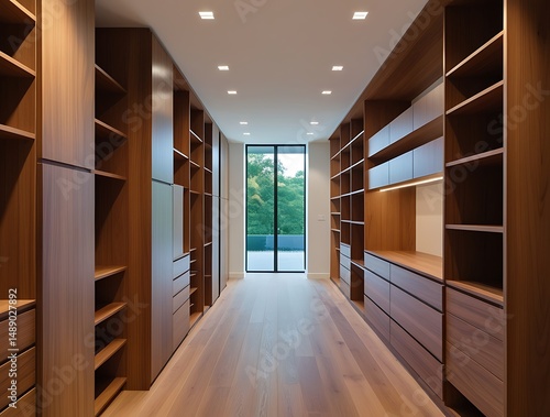Wallpaper Mural Modern walk-in closet interior with wooden shelves and drawers on both sides, minimalistic ceiling lights, and large glass door overlooking a green outdoor landscape

 Torontodigital.ca