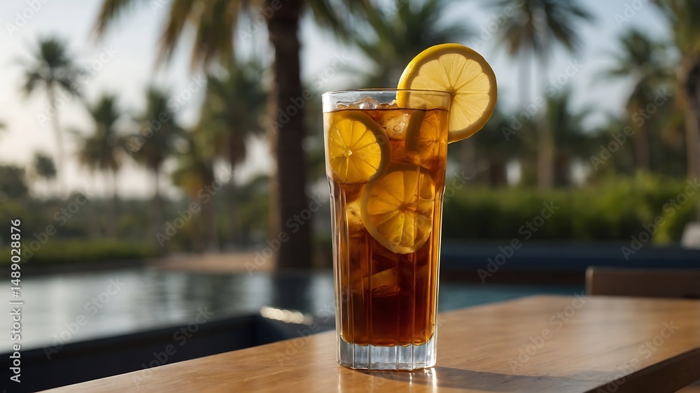 Tall glass of iced tea with lemon slice on a table outdoors. Tall glass of iced tea with lemon slice on a table outdoors.
