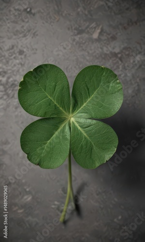 Close-up of a single four-leaf clover, showing leaf detail and veins ,  botany,  irish,  background
