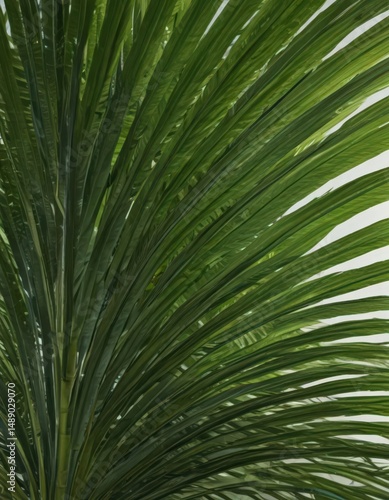 Close-up of a single palm leaf, rich green tones, sharp detail, texture, flora