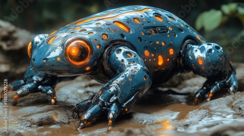 Futuristic frog robot in a jungle setting