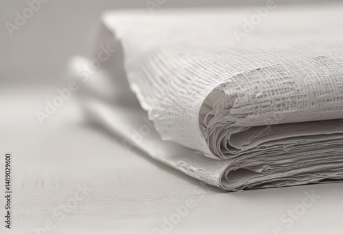 Close-up textured white paper, shallow DOF, blurred newsprint background, soft, shallow depth of field