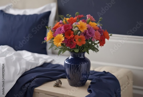 Close-up vibrant blooms in vase, beside navy bedding on king bed , calm, serenity