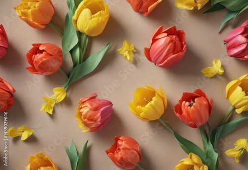 Close-up vibrant tulips, daffodils, textured paper  Spring freshness , fresh, Easter, texture