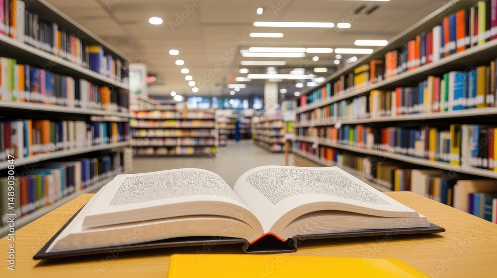 A well-lit library interior with open book. A well-lit library interior with open book.