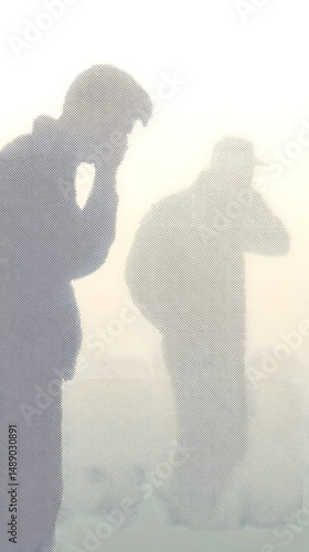 Silent Reflection in the Fog: Two figures enveloped by a dense fog. One figure is immersed in thought, hand near face, while the second figure, less defined.