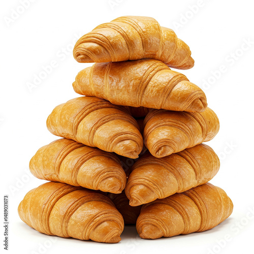 Golden, flaky croissants stacked neatly, showcasing their buttery layers, isolated on a clean white background.

