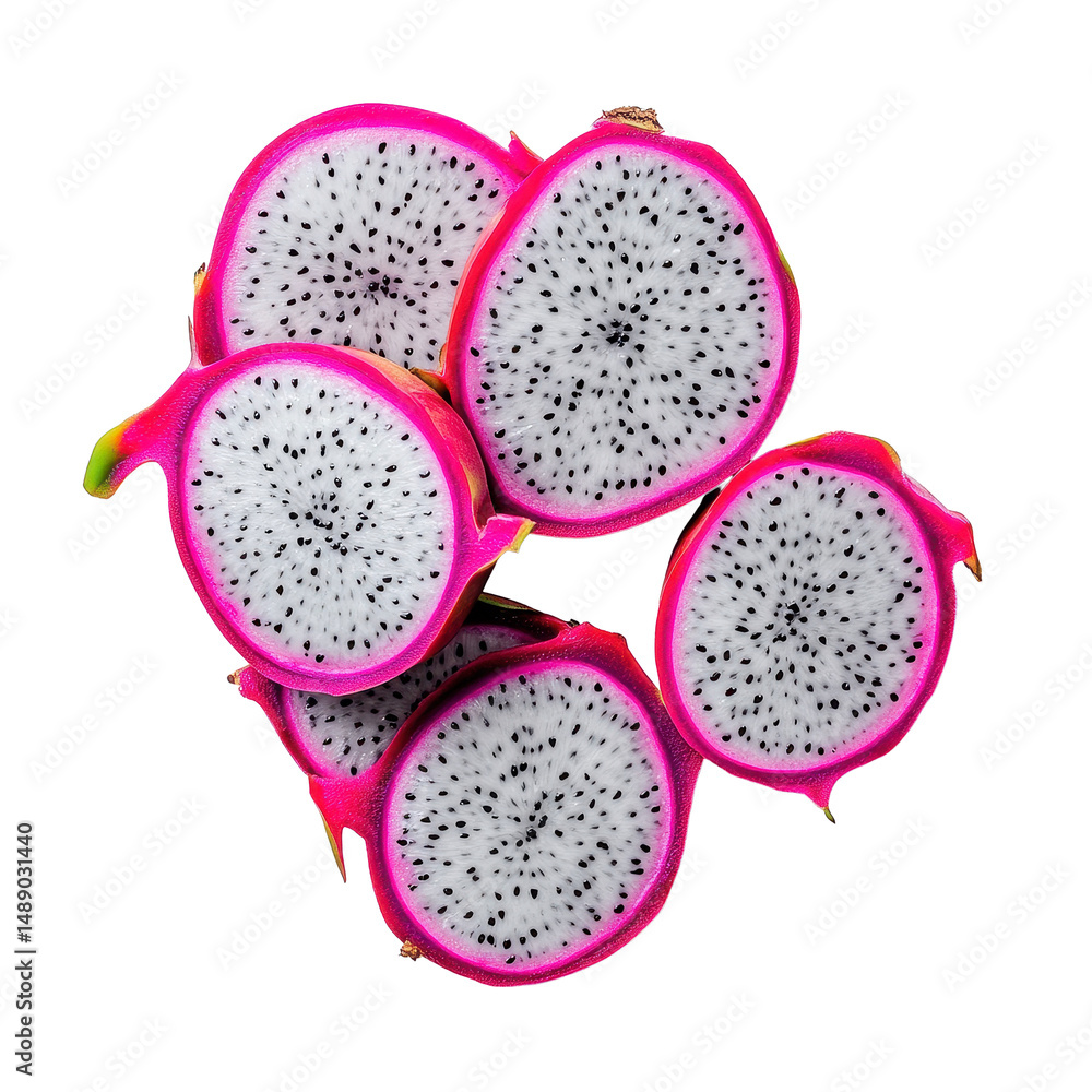 Sliced dragon fruit showcasing vibrant colors and unique texture on a Transparent background, Sliced dragon fruit isolated on PNG background Sliced dragon fruit showcasing vibrant colors and unique texture on a Transparent background, Sliced dragon fruit isolated on PNG background