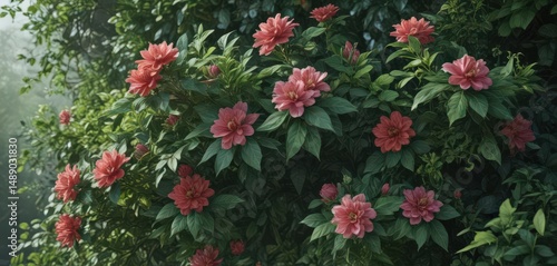 Intricate green foliage with vibrant painted blooms, blossom, foliage, green