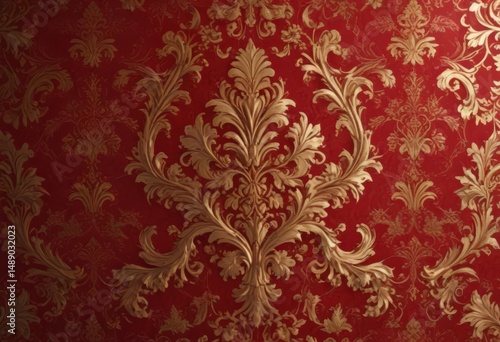 Deep crimson damask wallpaper, intricate gold accents ,  home decor,  backdrop,  art deco