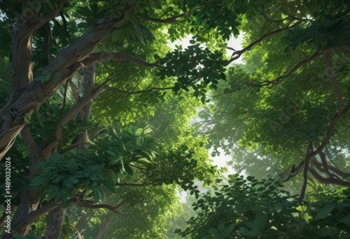 Deep emerald canopy, interwoven leaves, dappled light ,  dense,  exotic,  dappled