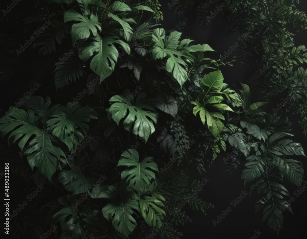 custom made wallpaper toronto digitalDeep shadows highlight the rich, dark green tropical foliage and intertwining vines against a black backdrop , foliage, growth