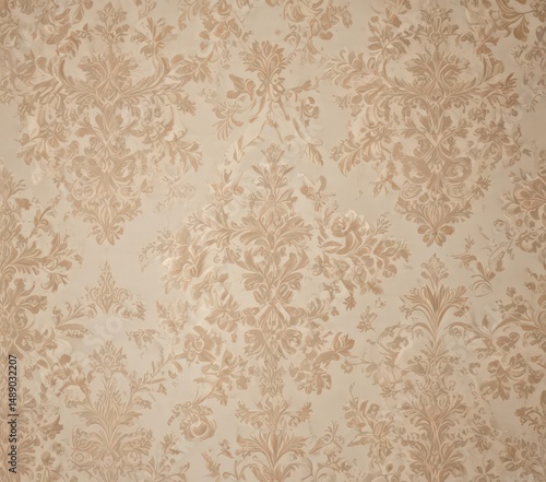 Elegant beige damask fabric with intricate floral patterns , textile, luxury