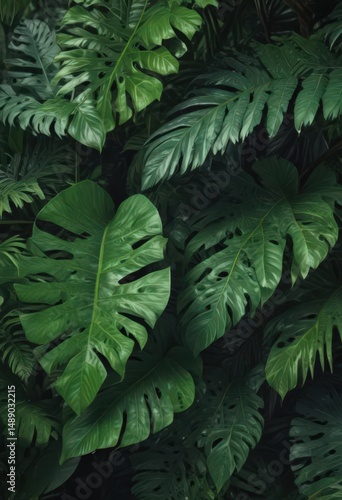 Deep green, vibrant tropical leaves intertwine , plant life, leaves