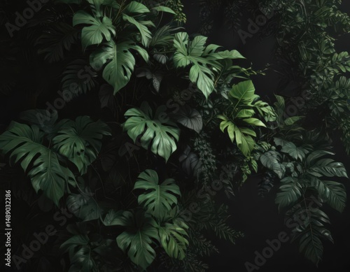Deep shadows highlight the rich, dark green tropical foliage and intertwining vines against a black backdrop , foliage, growth