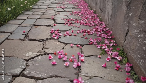 Delicate bloom pushes through weathered sidewalk cracks, vibrant petals unfurl , survive, botanical