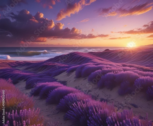 Deep violet lavender waves at sunset, dramatic sky , plants, sky
